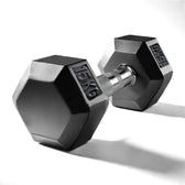Pair of black hexagonal dumbbells with '15KG' marking on a white background