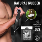 Person holding a black resistance band with SLOVIC branding, featuring natural rubber and SGS certification on a dark background.