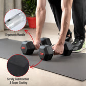 Person holding Slovic dumbbells on a mat with close-up details of ergonomic handle and strong construction.