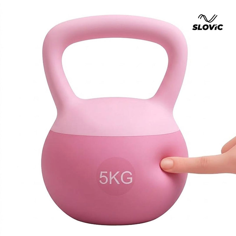Pink 5KG kettlebell with a hand pointing to it on a white background, featuring the Slovic brand.