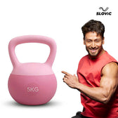 Pink kettlebell with '5KG' marking next to Tiger Shroff on a white background, featuring the Slovic brand.