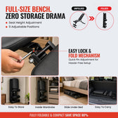 Product advertisement for a full-size Slovic bench with storage features and lock & fold mechanism.