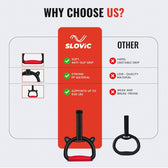 Promotional comparison graphic for Slovic grip rings, showing a red and black grip ring product centered with feature callouts under the heading 'WHY CHOOSE US?'. The graphic compares Slovic features like a soft anti-slip grip, strong PP material, and support up to 500 lbs against other options with red X marks.