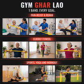 Promotional graphic for 'Gym Ghar Lao' with people using resistance bands in various settings.