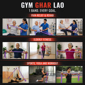 Promotional graphic for 'Gym Ghar Lao' with people using resistance bands for various fitness activities.