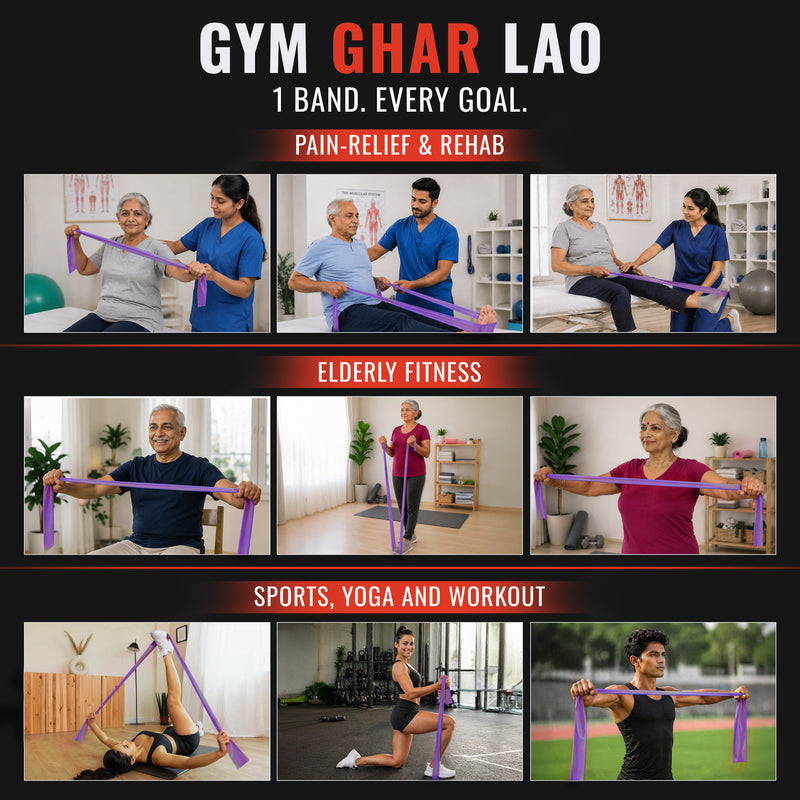 Promotional graphic for 'Gym Ghar Lao' with people using resistance bands for various fitness activities.