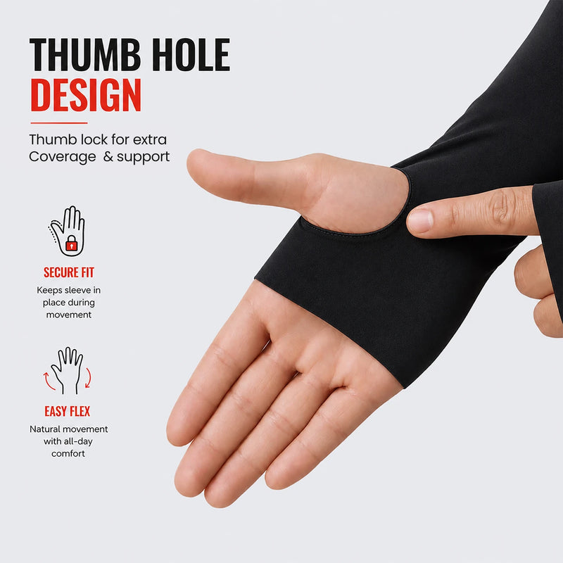 Arm Sleeves with Thumb - Black - Sports & Outdoor Use