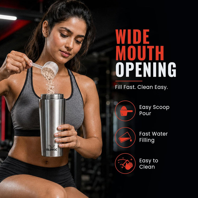 Stainless Steel Shaker Bottle - 750ml - Silver - Gym & Protein Shaker