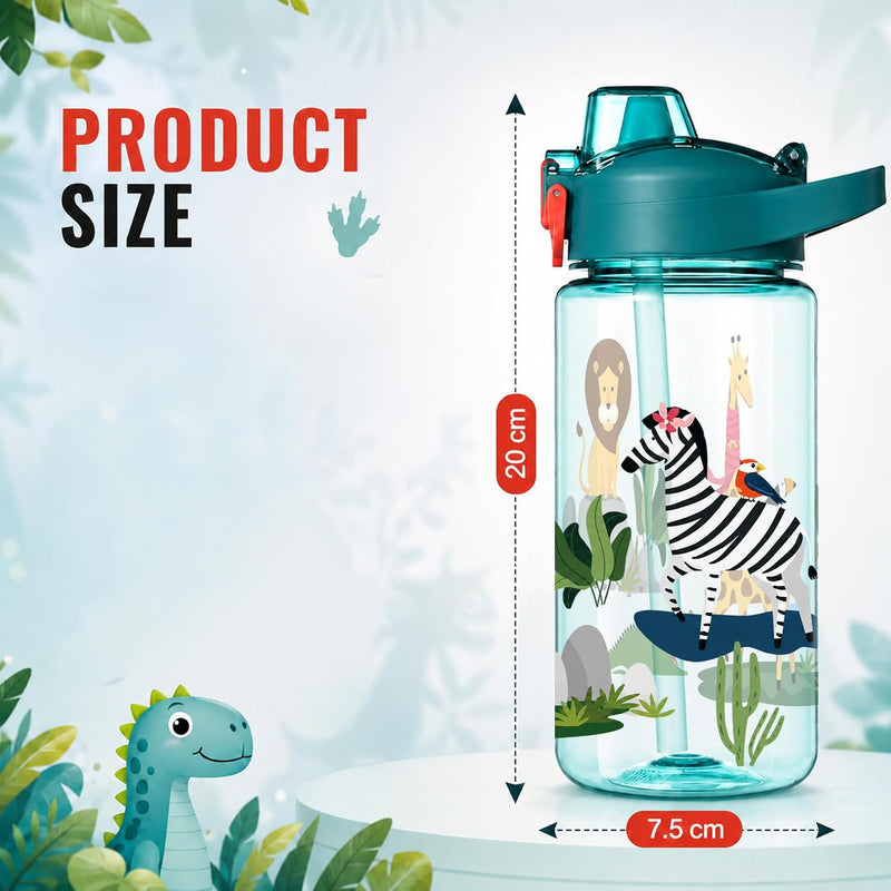 Water Bottle for School Kids [600 ML] -  Sipper Water Bottle for Kids - Leak-Proof Kids Water Bottle with Straw - School, Travel & Outdoor - Jungle Design