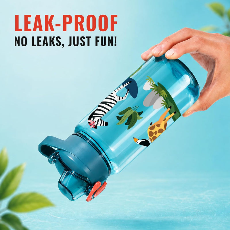 Water Bottle for School Kids [600 ML] -  Sipper Water Bottle for Kids - Leak-Proof Kids Water Bottle with Straw - School, Travel & Outdoor - Jungle Design
