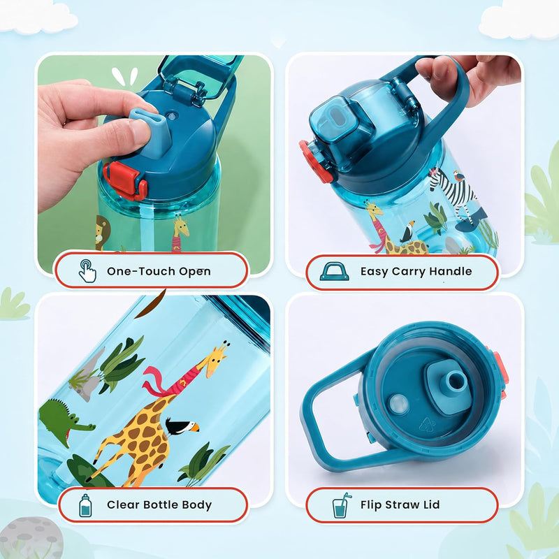 Water Bottle for School Kids [600 ML] -  Sipper Water Bottle for Kids - Leak-Proof Kids Water Bottle with Straw - School, Travel & Outdoor - Jungle Design