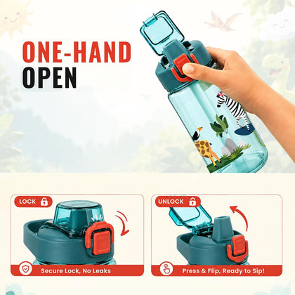 Water Bottle for School Kids [600 ML] -  Sipper Water Bottle for Kids - Leak-Proof Kids Water Bottle with Straw - School, Travel & Outdoor - Jungle Design