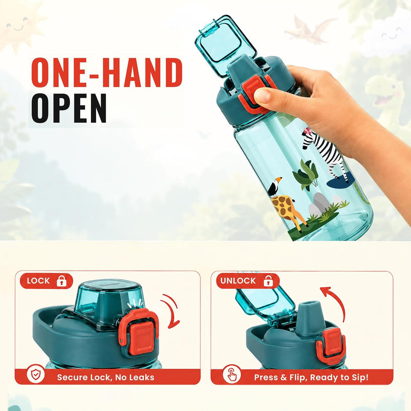 Water Bottle for School Kids [600 ML] -  Sipper Water Bottle for Kids - Leak-Proof Kids Water Bottle with Straw - School, Travel & Outdoor - Jungle Design