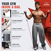 Set of 5 resistance tube Advertisement for a portable gym system with Tiger Shroff  using resistance bands, featuring the brand 'Slovic'.