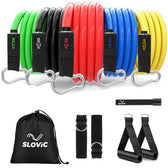 Set of Slovic resistance bands in various colors with digital display, carabiners, and additional accessories on a white background.