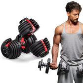 Set of adjustable dumbbells with Tiger Shroff  holding one in a gym setting