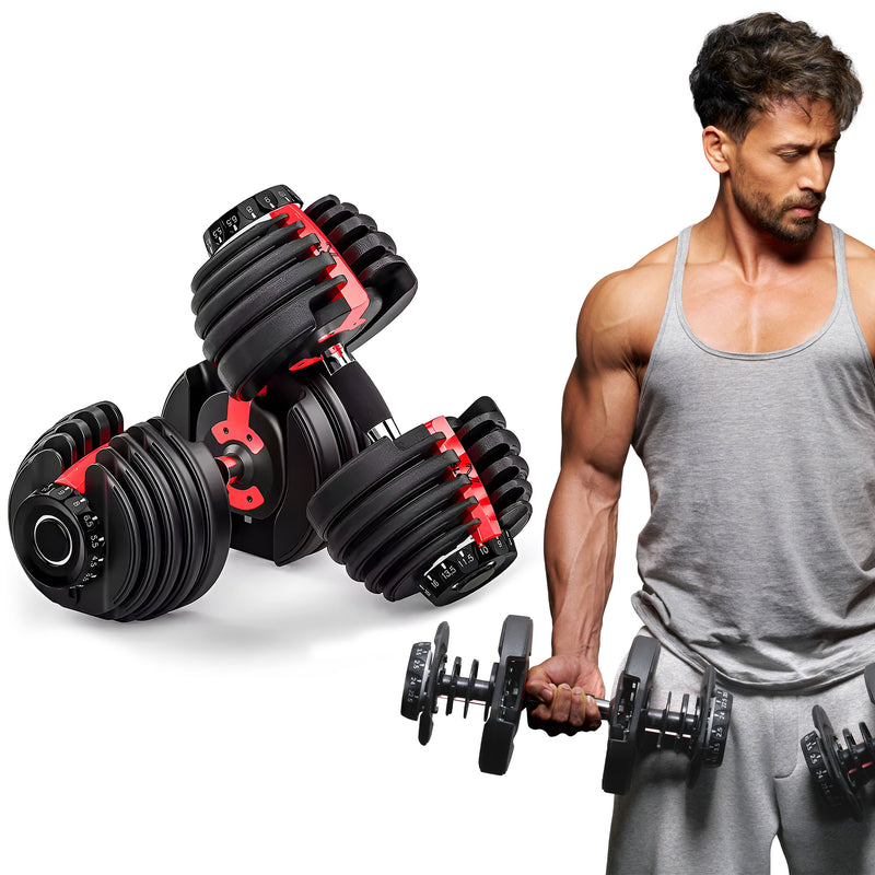Set of adjustable dumbbells with Tiger Shroff  holding one in a gym setting