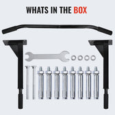 Set of metal brackets, bolts, and wrenches with text 'Whats in the Box' on a white background.