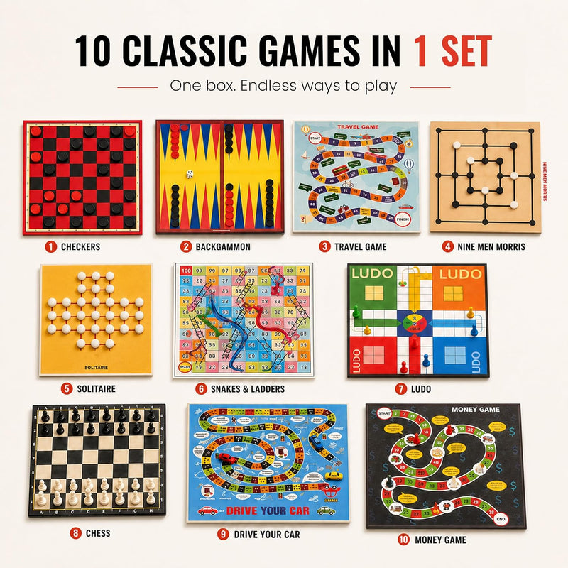 10-in-1 Board Games Set for Kids & Family