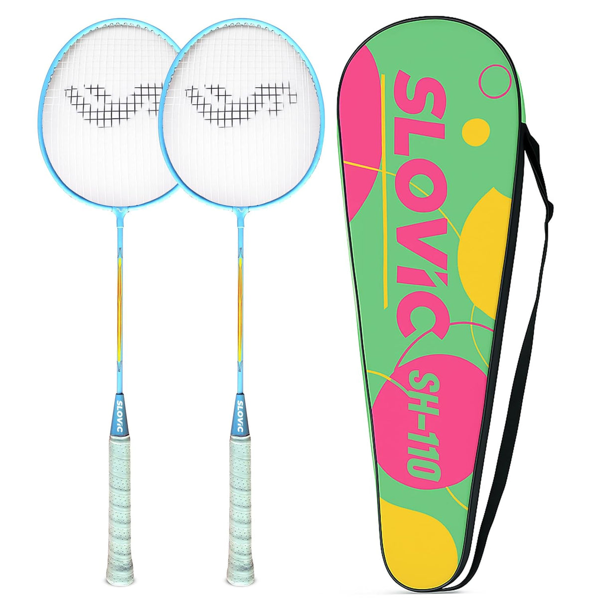 Two light blue and yellow badminton rackets with white strings next to a green, pink, and yellow SLOVIC SH-110 carrying case on a white background.