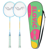 Two light blue and yellow badminton rackets with white strings next to a green, pink, and yellow SLOVIC SH-110 carrying case on a white background.