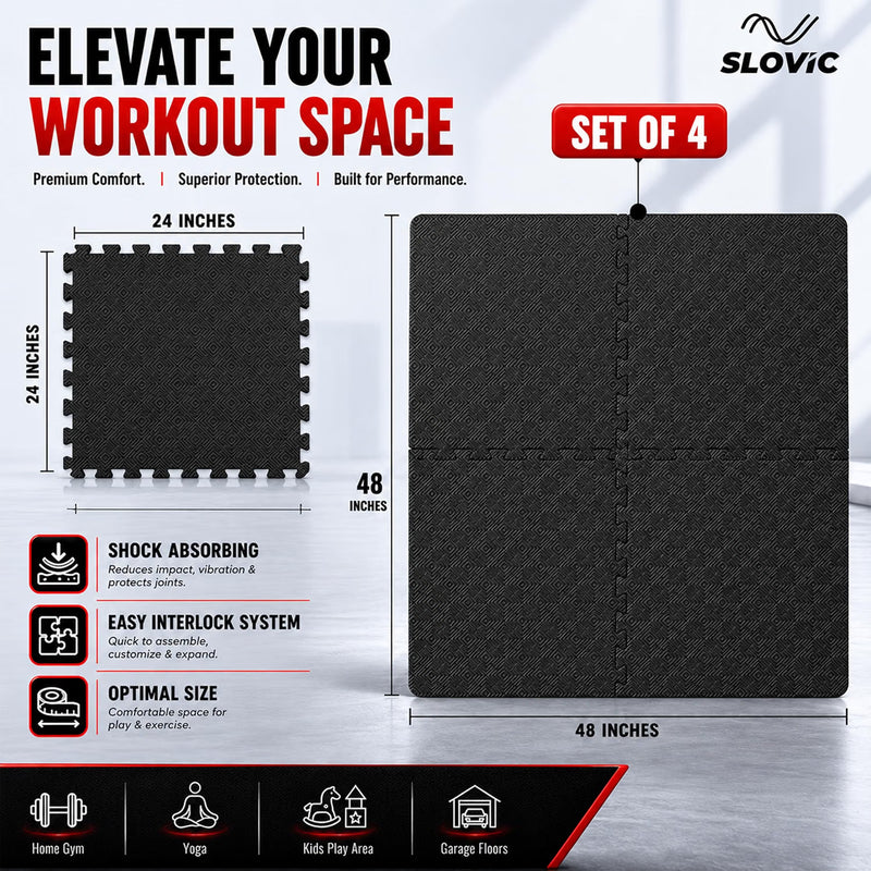 Gym Floor Mat 10mm - Anti-Slip Waterproof EVA Puzzle Mat - 24×24 Inch - Set of 4