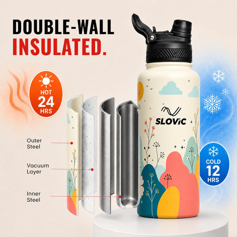 Insulated Water Bottle - 1 Litre - Up to 24 Hrs Hot & 12 Hrs Cold - Meadow Design