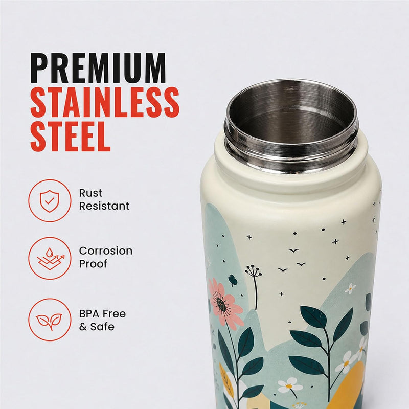 Insulated Water Bottle - 1 Litre - Up to 24 Hrs Hot & 12 Hrs Cold - Meadow Design