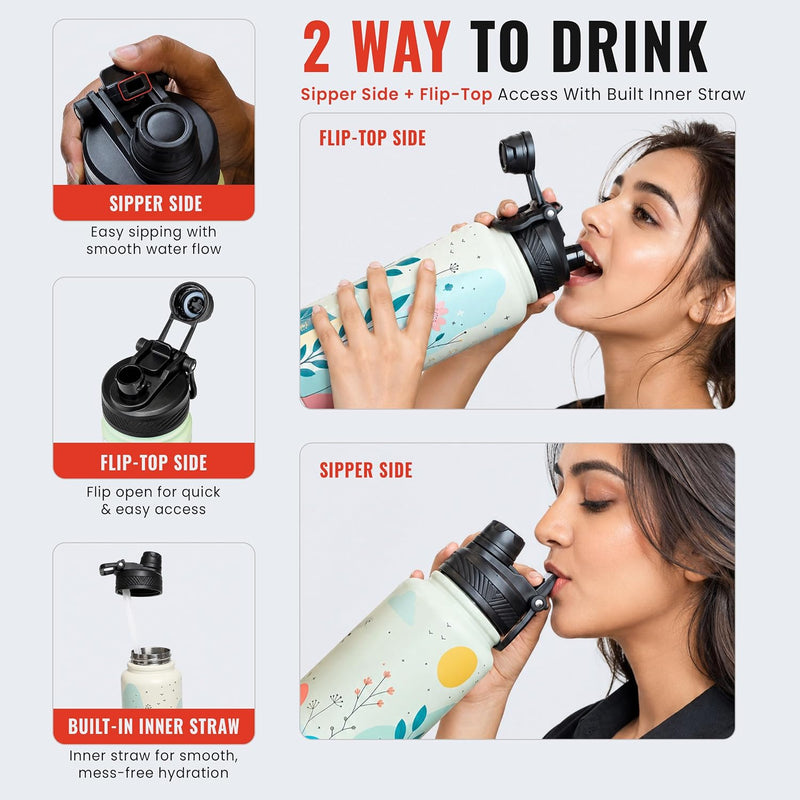 Insulated Water Bottle - 1 Litre - Up to 24 Hrs Hot & 12 Hrs Cold - Meadow Design