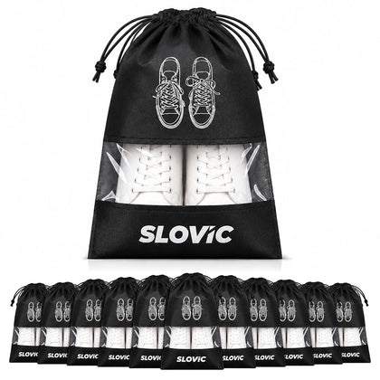 Shoe Bag for Men & Women [Pack of 12] - Travel Shoe Organizer with See-Through Window - Black