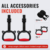 Black and red pull-up rings with black webbing straps, shown on a light gray background with promotional text and inset images showing included accessories: two webbing straps and two ring attachments.