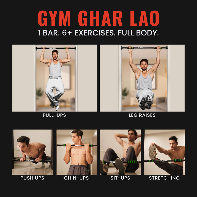 Slovic Gym at Home workout routine with various exercises using a bar.