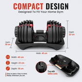 Slovic Pair of adjustable dumbbells with dimensions and safety features highlighted on a white background