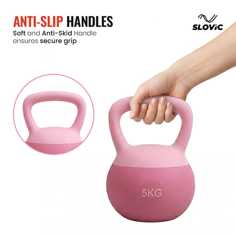 Pink kettlebell with anti-slip handles held by a hand, featuring the Slovic brand.