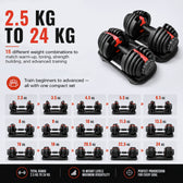 Set of adjustable dumbbells with weight range display on a white background