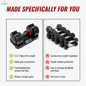 Slovic adjustable dumbbell set with features and drawbacks on a white background