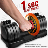 Slovic adjustable dumbbell set with hand adjusting the weight on a white background