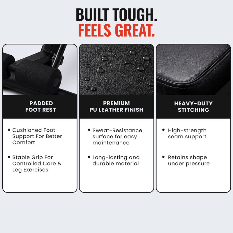 Slovic bench  features with text highlighting 'Built tough, feels great' on a gray background