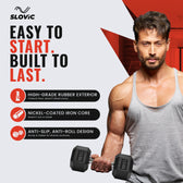 Advertisement for Slovic dumbbells featuring Tiger Shroff holding dumbbells with product features listed.