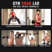 Workout routine with Slovic  dumbbells shown by Tiger Shroff in various exercises with text 'Gym Ghar Lao'.