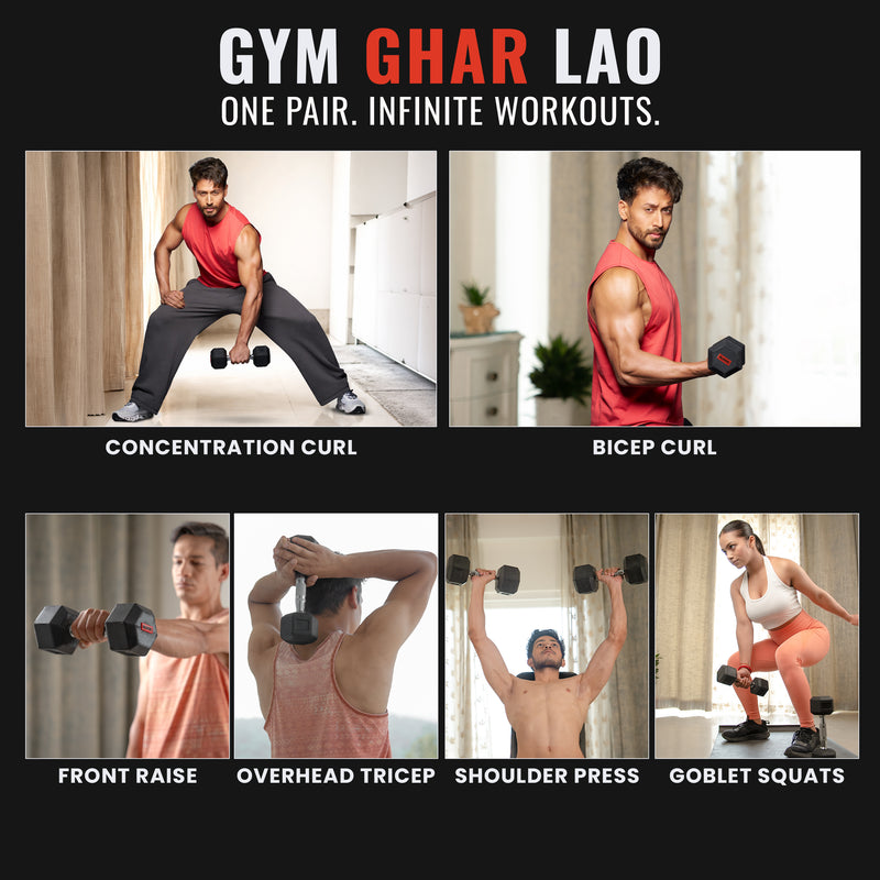 Workout routine with Slovic  dumbbells shown by Tiger Shroff in various exercises with text 'Gym Ghar Lao'.