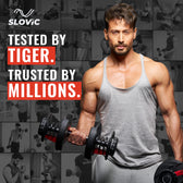 Slovic lifting weights with promotional text for Slovic brand