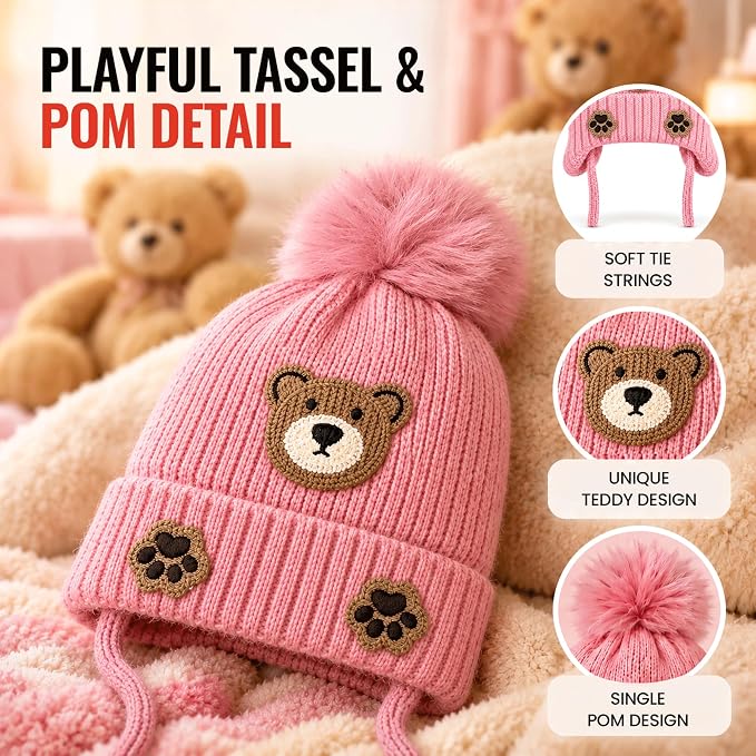 TeddyWarm Pink Winter Cap for Kids