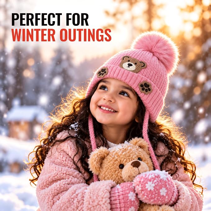 TeddyWarm Pink Winter Cap for Kids