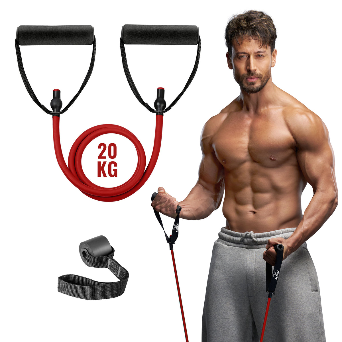 Tige Shroff holding Slovic resistance bands with a 20KG label, on a white background