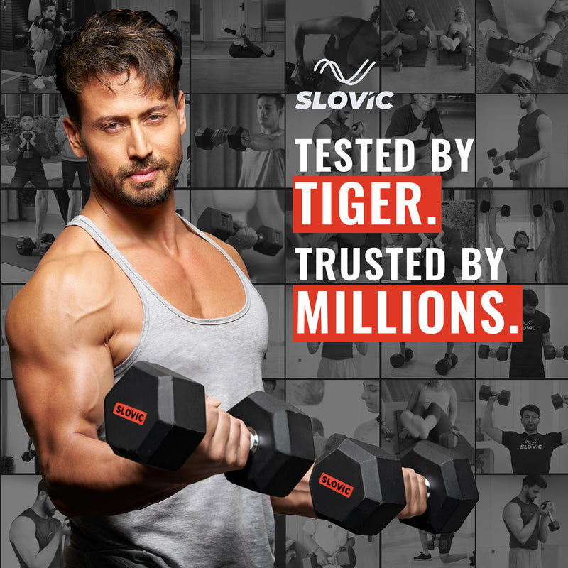 Tiger Sheoff holding 10 kg dumbbells with Slovic branding and promotional text in the background