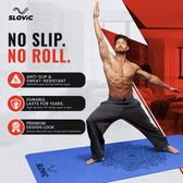Tiger Shroff  practicing yoga on a blue Slovic mat with promotional text about its features.