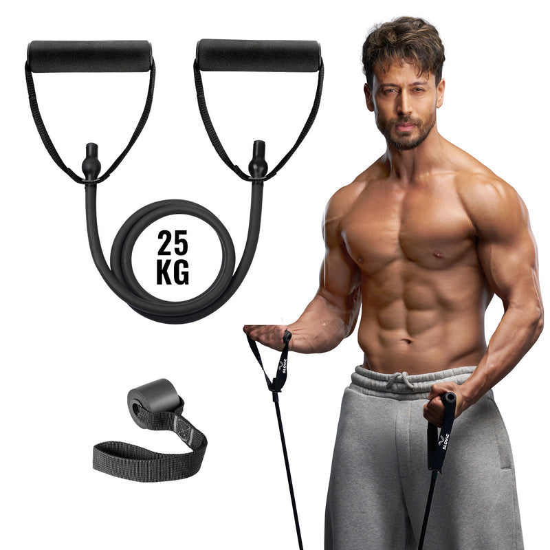 Tiger Shroff holding Slovic resistance bands with a 25KG label on a white background