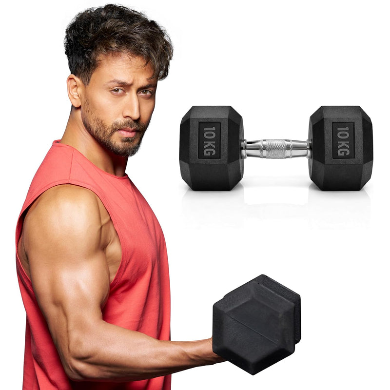 Tiger Shroff holding a pair of Slovic  black dumbbells with '10 KG' marking on a white background