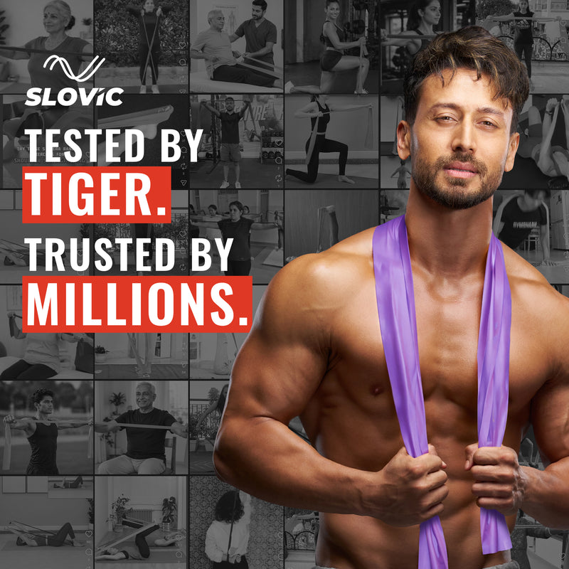 Tiger Shroff  holding a purple resistance band with Slovic branding and text in the background.